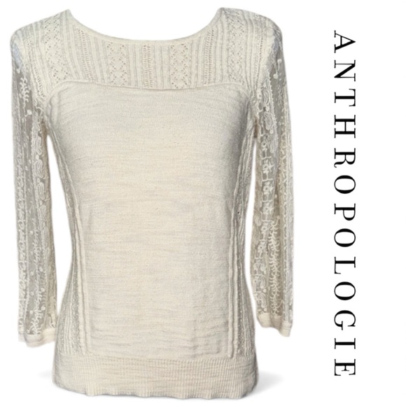 Anthropologie Sweaters - Knitted & Knotted Coquette Cream Lace Sleeve Sweater Texture Cotton Rear Zip SzM